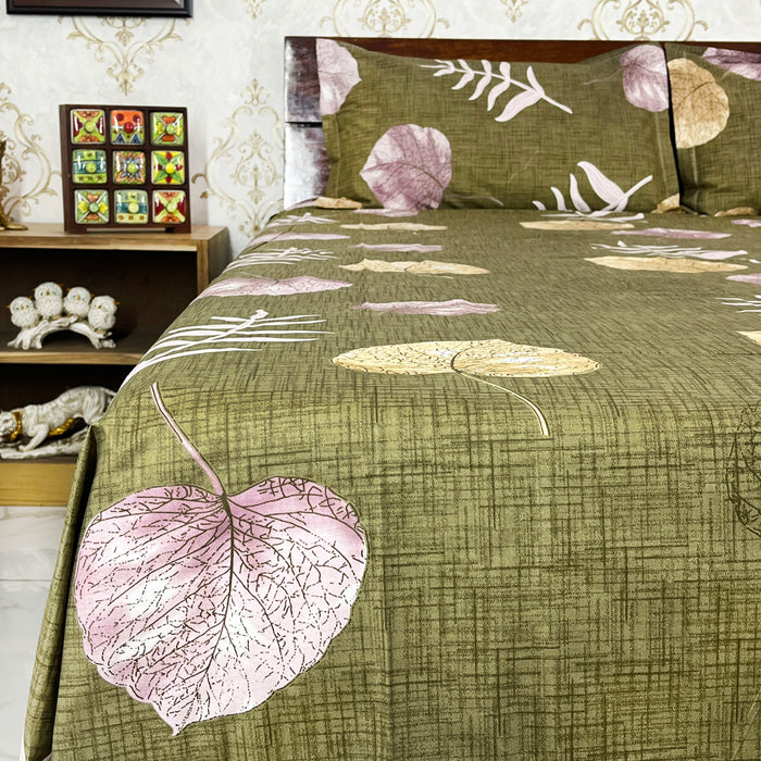 Olive Green Cotton Ultra King Size Bedsheet with Pillow Covers, Bedspread and Bed Decor from Marika Textiles