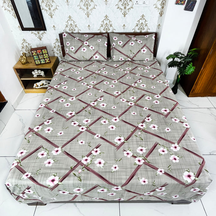 108X108 Inches Cotton Bedsheet with Pillow Covers, Grey Floral Bedcover, Indoor Bedding Coverlet