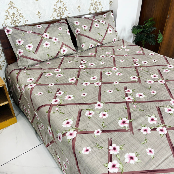 108X108 Inches Cotton Bedsheet with Pillow Covers, Grey Floral Bedcover, Indoor Bedding Coverlet