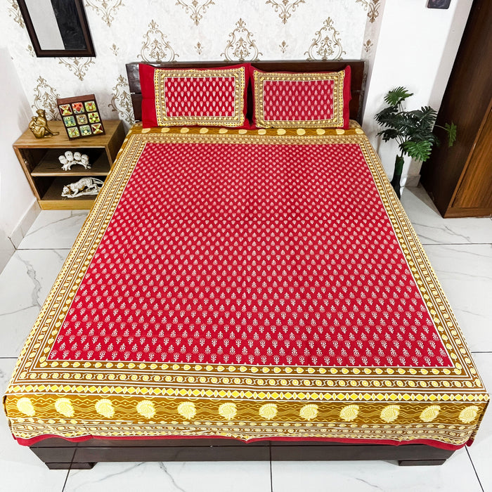 Queen Size Bedsheet with Pillow Cover Sets Red Floral Print Cotton Bedcover Indian Home Decor Coverlet