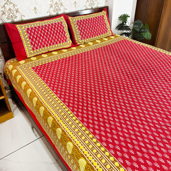 Queen Size Bedsheet with Pillow Cover Sets Red Floral Print Cotton Bedcover Indian Home Decor Coverlet