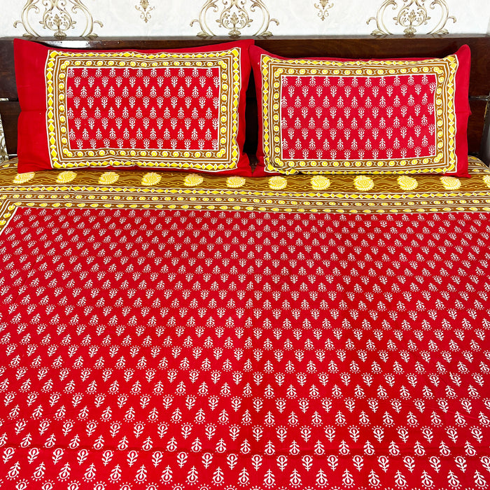 Queen Size Bedsheet with Pillow Cover Sets Red Floral Print Cotton Bedcover Indian Home Decor Coverlet