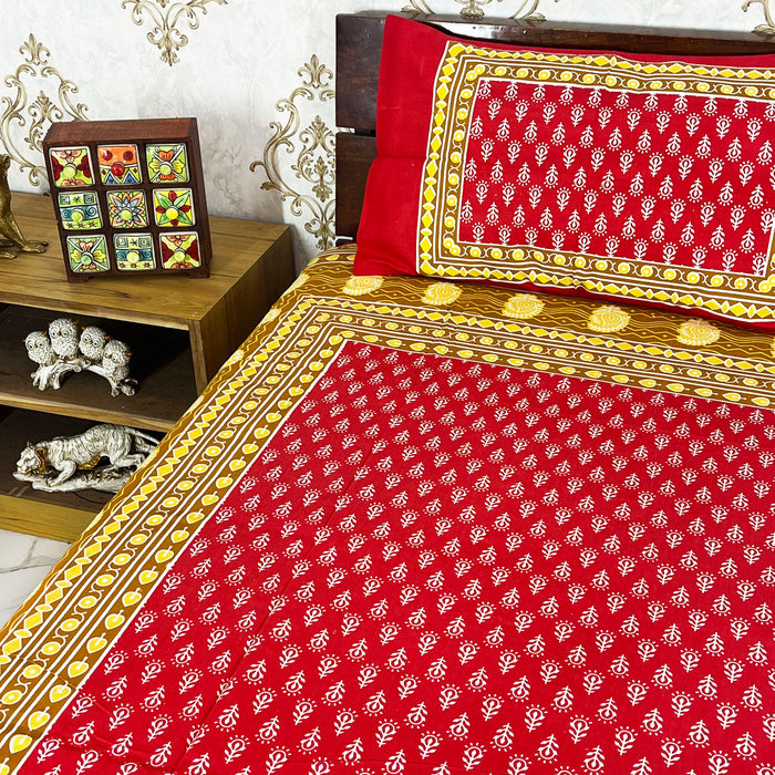 Queen Size Bedsheet with Pillow Cover Sets Red Floral Print Cotton Bedcover Indian Home Decor Coverlet