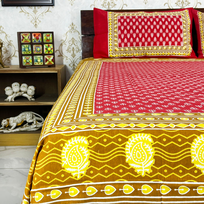 Queen Size Bedsheet with Pillow Cover Sets Red Floral Print Cotton Bedcover Indian Home Decor Coverlet