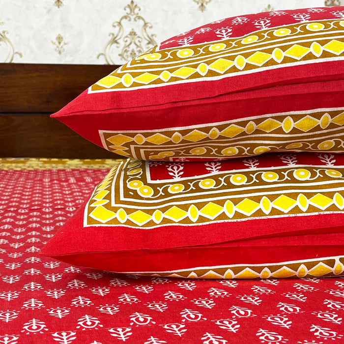 Queen Size Bedsheet with Pillow Cover Sets Red Floral Print Cotton Bedcover Indian Home Decor Coverlet