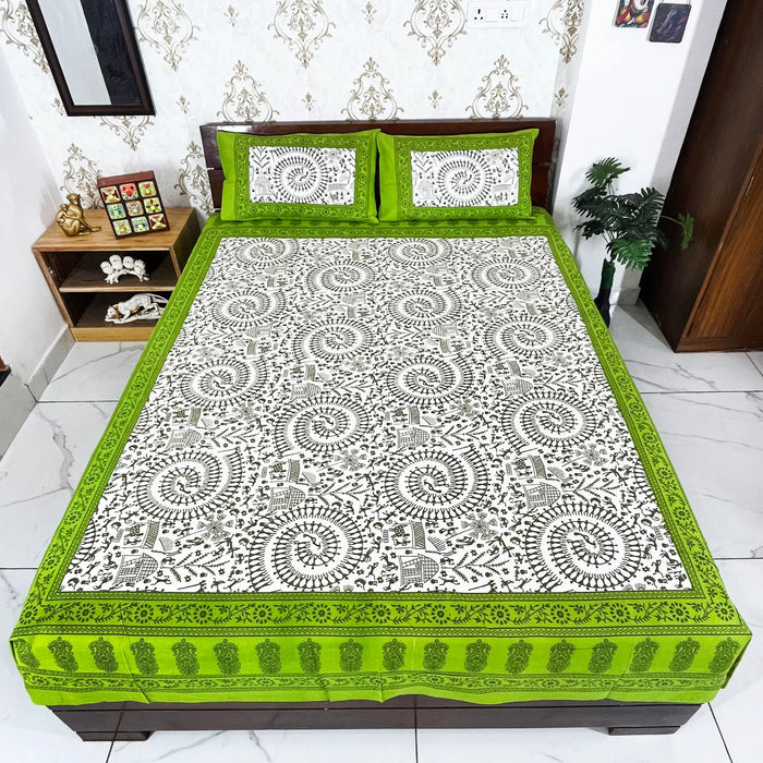 90X100 Inches Cotton Bedsheet from Marika Textiles Traditional Bedscover Green & White Bedspread