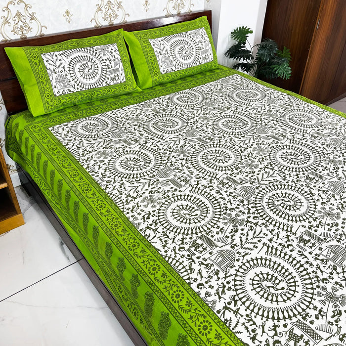 90X100 Inches Cotton Bedsheet from Marika Textiles Traditional Bedscover Green & White Bedspread