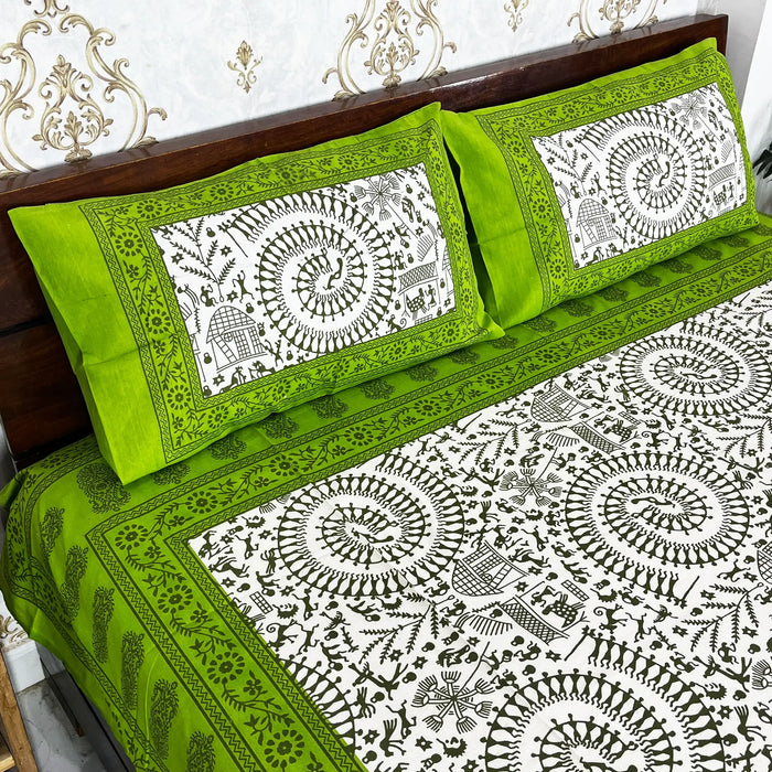 90X100 Inches Cotton Bedsheet from Marika Textiles Traditional Bedscover Green & White Bedspread