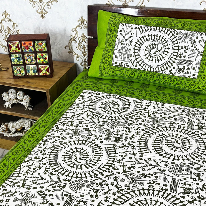 90X100 Inches Cotton Bedsheet from Marika Textiles Traditional Bedscover Green & White Bedspread