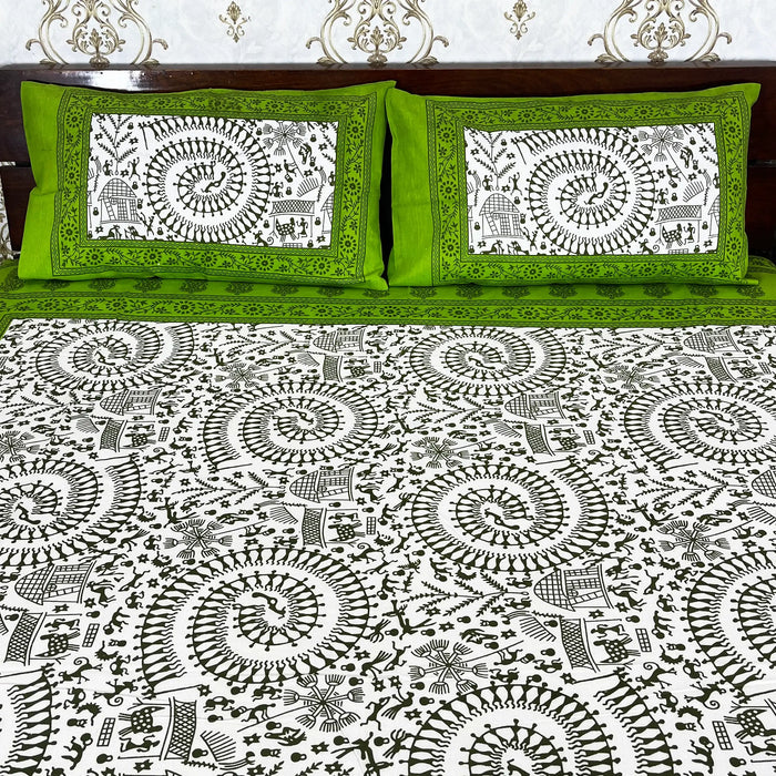 90X100 Inches Cotton Bedsheet from Marika Textiles Traditional Bedscover Green & White Bedspread