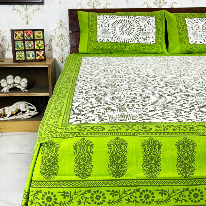 90X100 Inches Cotton Bedsheet from Marika Textiles Traditional Bedscover Green & White Bedspread