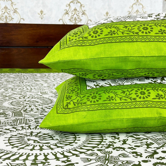 90X100 Inches Cotton Bedsheet from Marika Textiles Traditional Bedscover Green & White Bedspread