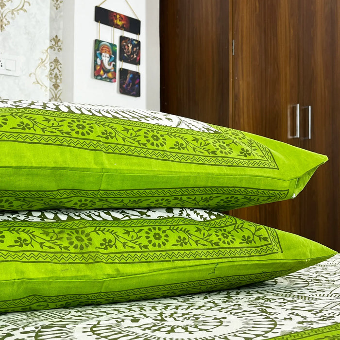 90X100 Inches Cotton Bedsheet from Marika Textiles Traditional Bedscover Green & White Bedspread