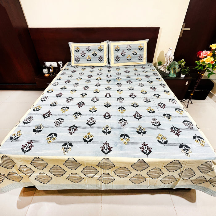 King Size Bedsheet Blue Floral Print Bedcover With Pillow Covers | Shop Now