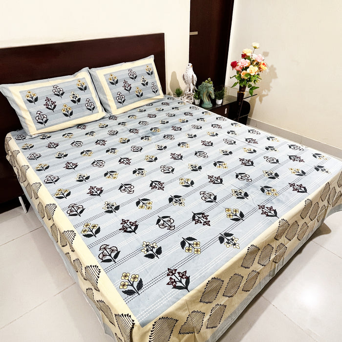 King Size Bedsheet Blue Floral Print Bedcover With Pillow Covers | Shop Now