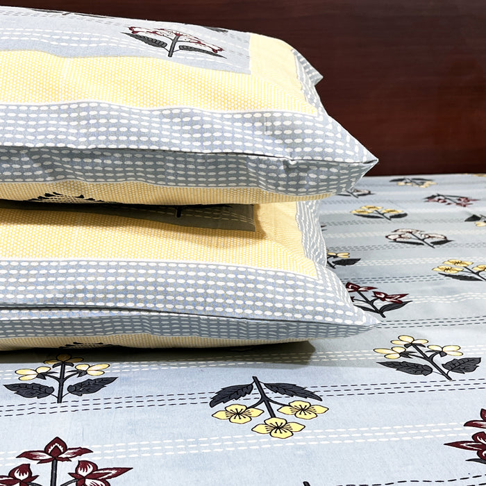 King Size Bedsheet Blue Floral Print Bedcover With Pillow Covers | Shop Now