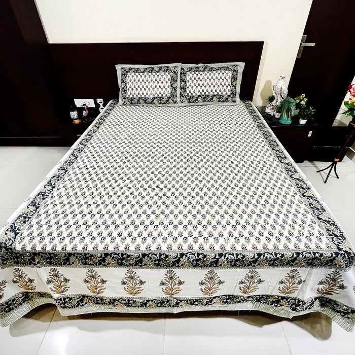 Sanganeri Print Bedsheet Grey & White Hand Block Bedsheet from Marika Textiles Bed Decor Coverlet Cotton King Size Bedspread Buy Online Bedsheet