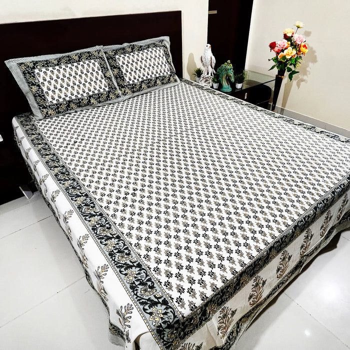 Sanganeri Print Bedsheet Grey & White Hand Block Bedsheet from Marika Textiles Bed Decor Coverlet Cotton King Size Bedspread Buy Online Bedsheet