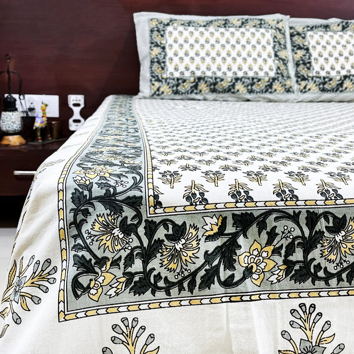 Sanganeri Print Bedsheet Grey & White Hand Block Bedsheet from Marika Textiles Bed Decor Coverlet Cotton King Size Bedspread Buy Online Bedsheet