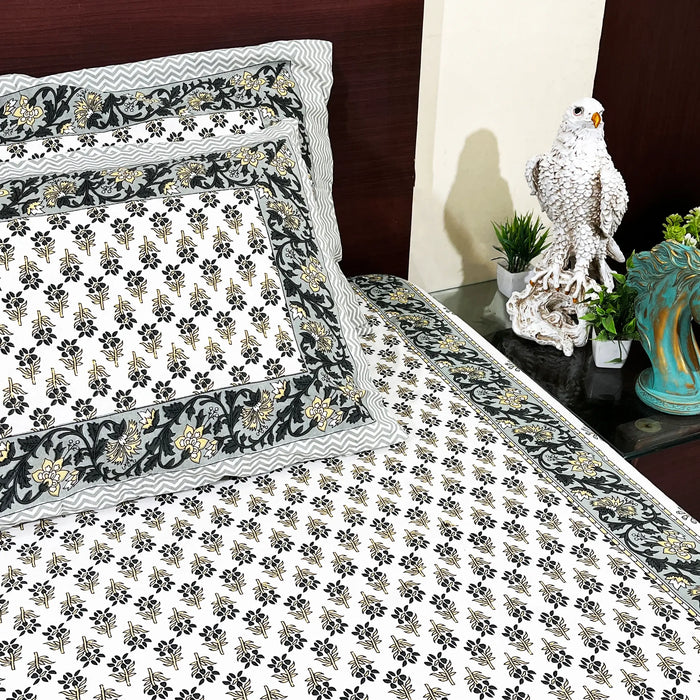 Sanganeri Print Bedsheet Grey & White Hand Block Bedsheet from Marika Textiles Bed Decor Coverlet Cotton King Size Bedspread Buy Online Bedsheet