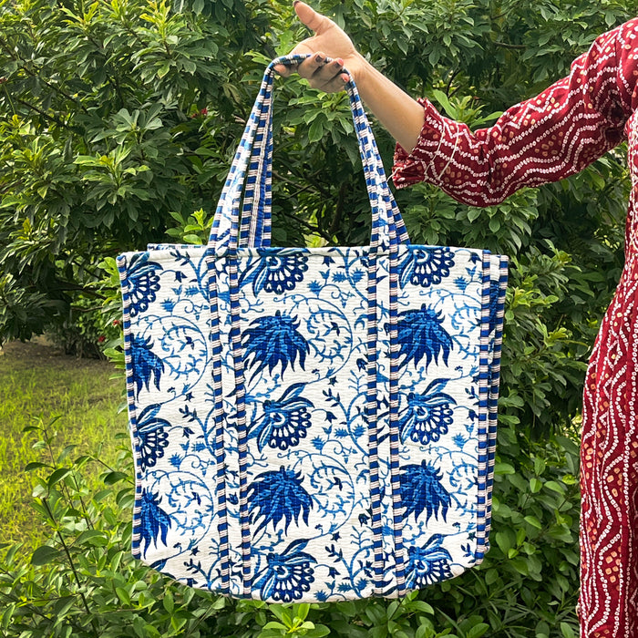 Floral Print Cotton Quilted Bag, Indian Handmade Bag, Women Shopping Bag, Beach Bag, White Shoulder Bag