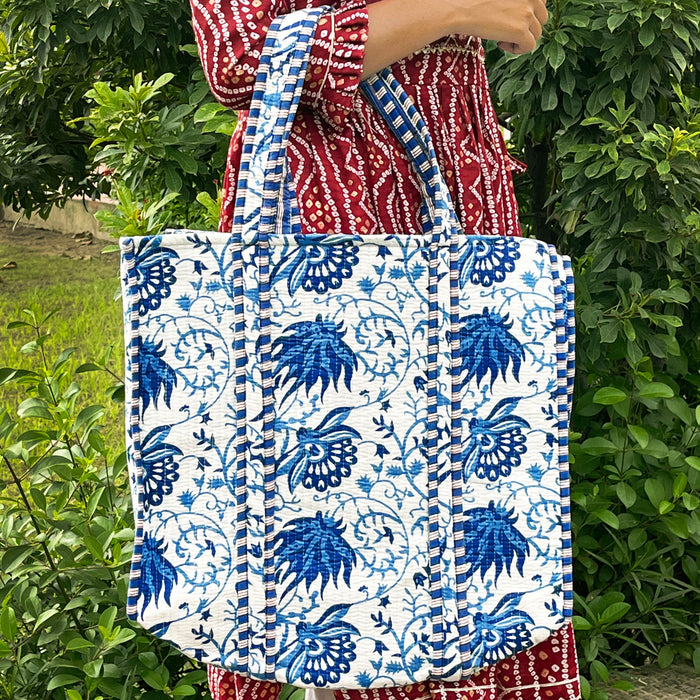 Floral Print Cotton Quilted Bag, Indian Handmade Bag, Women Shopping Bag, Beach Bag, White Shoulder Bag