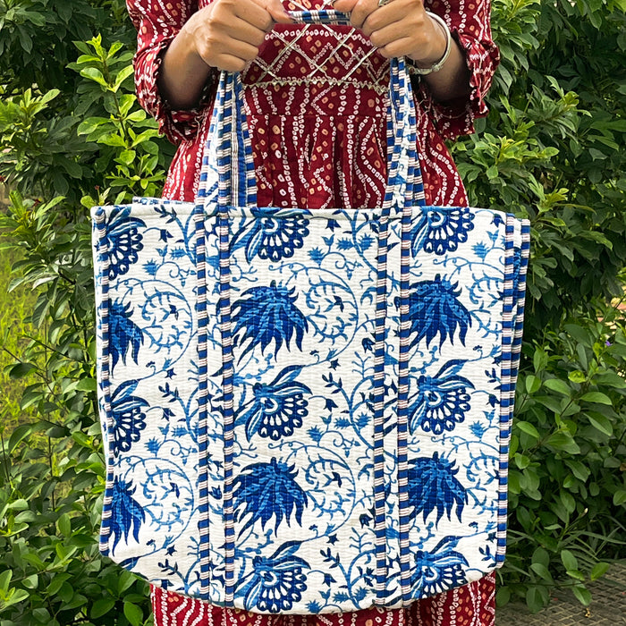 Floral Print Cotton Quilted Bag, Indian Handmade Bag, Women Shopping Bag, Beach Bag, White Shoulder Bag