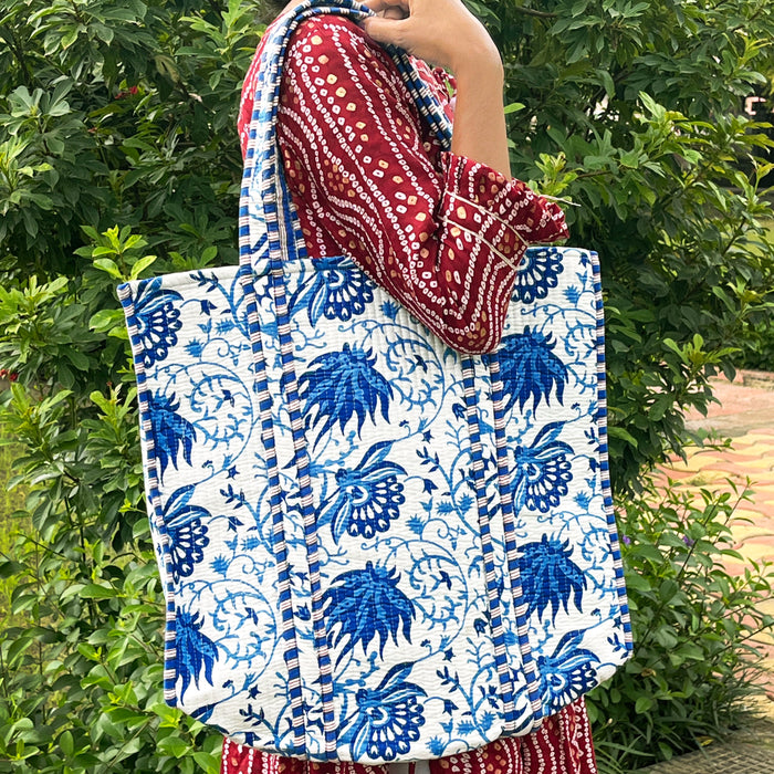 Floral Print Cotton Quilted Bag, Indian Handmade Bag, Women Shopping Bag, Beach Bag, White Shoulder Bag