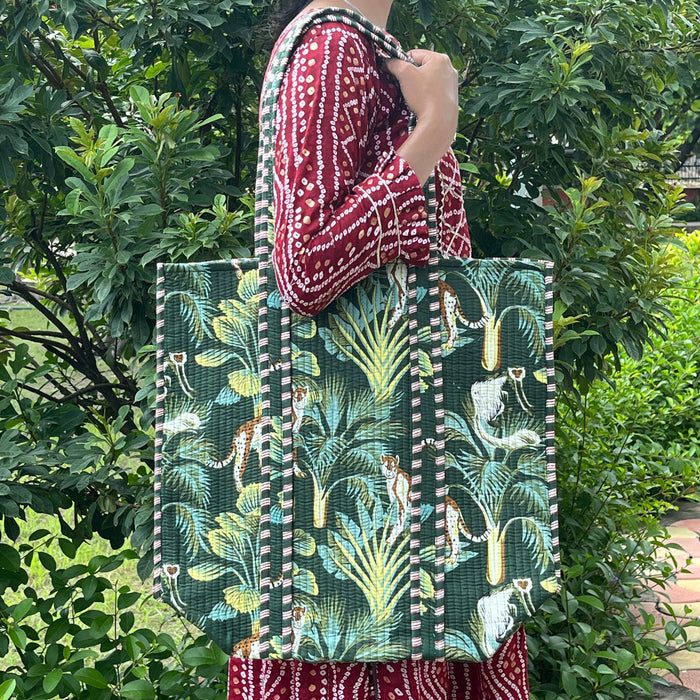 Eco-Friendly Green Jungle Print Cotton Tote Bag - Versatile & Stylish for Every Occasion