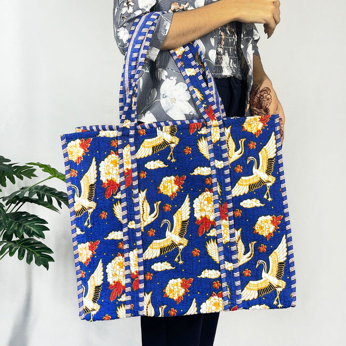 Charming Blue Bird Print Cotton Tote Bag - Eco-Friendly & Versatile for Every Occasion