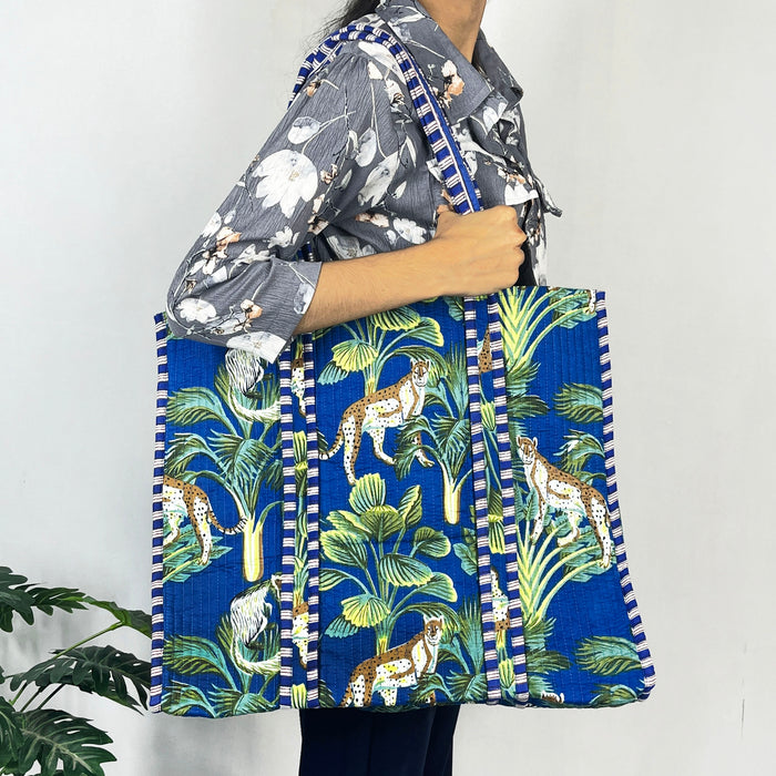 Stylish Blue Tiger Print Cotton Tote Bag - Eco-Friendly & Versatile for Every Occasion