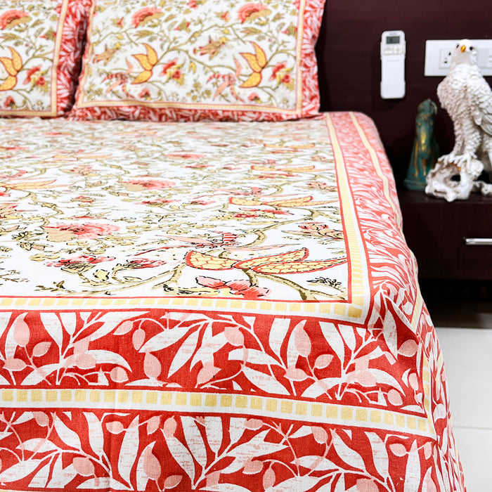 Red Cotton Bedsheet from Marika Textiles, King Size Bedspread, Indian Bedding Coverlet with Pillow Covers, Bed Decor