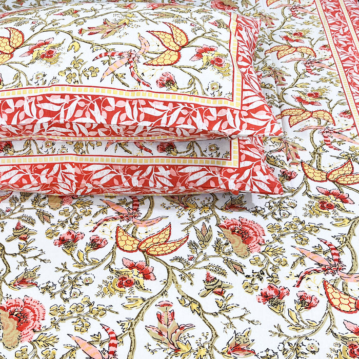 Red Cotton Bedsheet from Marika Textiles, King Size Bedspread, Indian Bedding Coverlet with Pillow Covers, Bed Decor