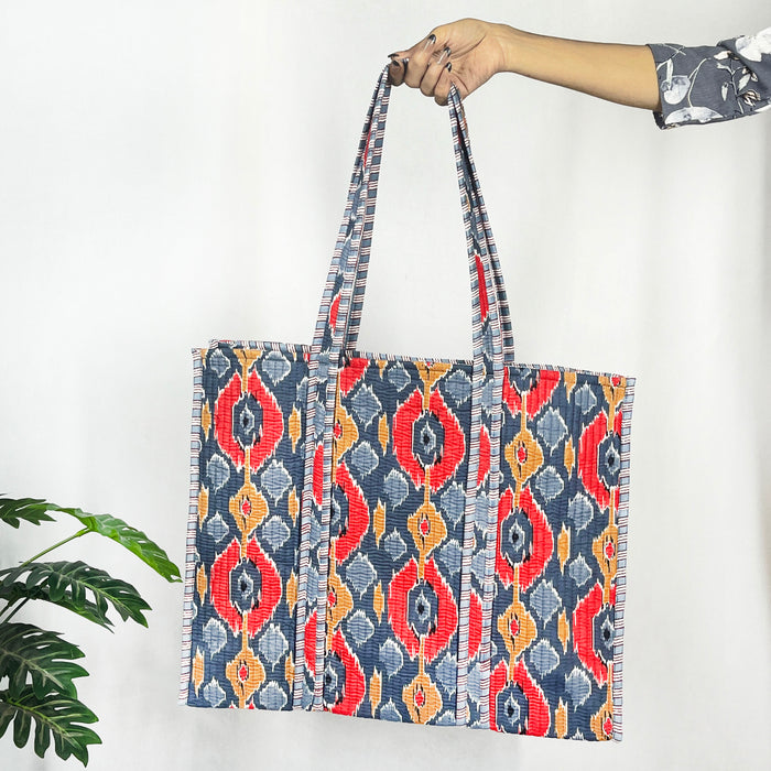 Elegant Grey Ikat Print Cotton Tote Bag - Eco-Friendly & Versatile for Every Occasion