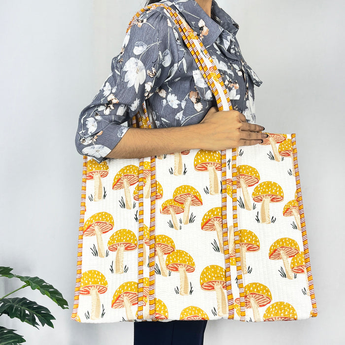 Charming Yellow Mushroom Print Cotton Tote Bag - Eco-Friendly & Versatile for Every Occasion