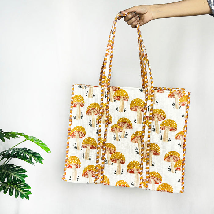 Charming Yellow Mushroom Print Cotton Tote Bag - Eco-Friendly & Versatile for Every Occasion