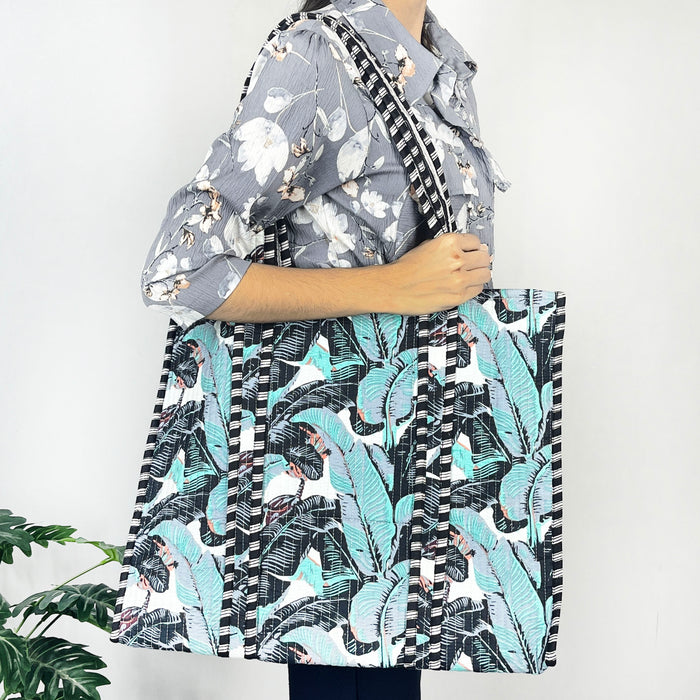 Grey & Sky Blue Banana Leaf Print Tote Bag – Eco-Friendly Cotton Essential for Shopping & Everyday Use