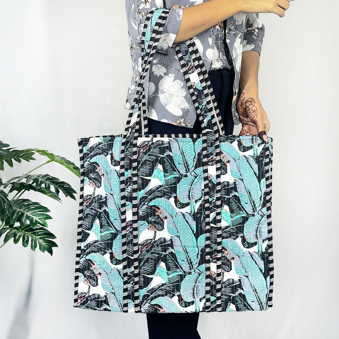 Grey & Sky Blue Banana Leaf Print Tote Bag – Eco-Friendly Cotton Essential for Shopping & Everyday Use