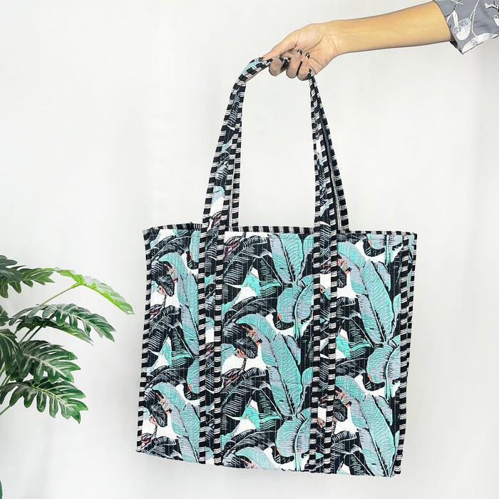 Grey & Sky Blue Banana Leaf Print Tote Bag – Eco-Friendly Cotton Essential for Shopping & Everyday Use