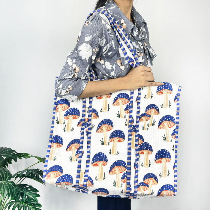 Blue Mushroom Print Cotton Tote Bag – Stylish & Eco-Friendly Everyday Companion