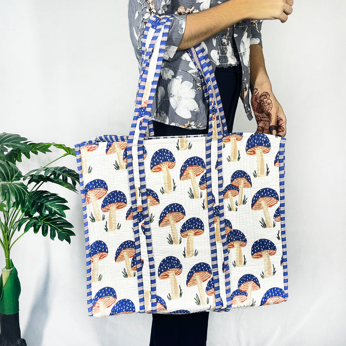 Blue Mushroom Print Cotton Tote Bag – Stylish & Eco-Friendly Everyday Companion