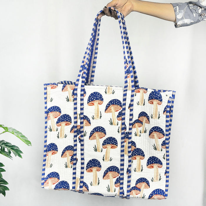 Blue Mushroom Print Cotton Tote Bag – Stylish & Eco-Friendly Everyday Companion