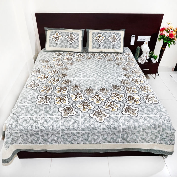 Marika Textiles Bedsheet Cotton King Size Bedcover Grey Floral Bedspread Indian Coverlet with 2 Pillow Cover