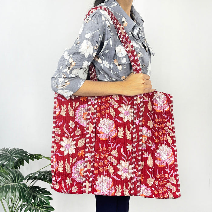 Red Floral Print Tote Bag 100% Cotton Shopping Bag from Marika Textiles