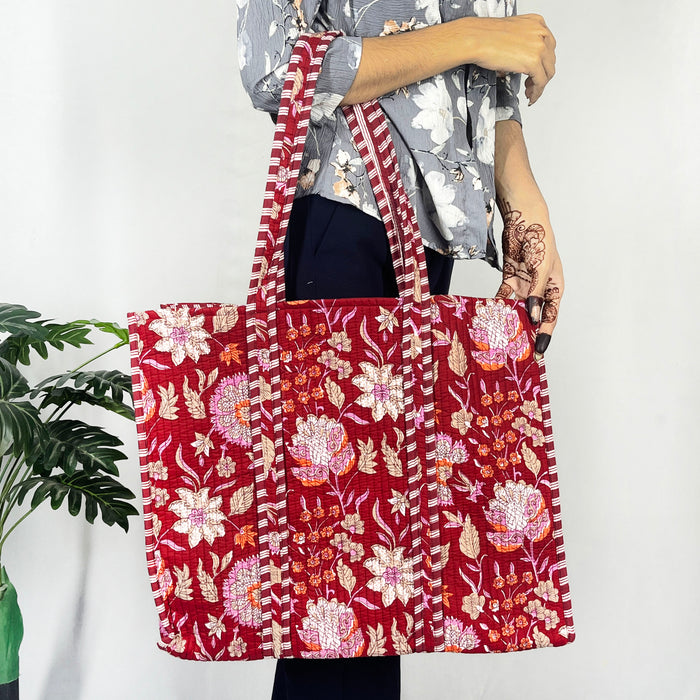 Red Floral Print Tote Bag 100% Cotton Shopping Bag from Marika Textiles