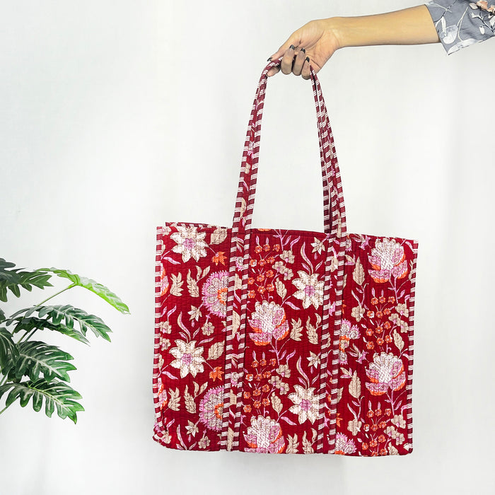 Red Floral Print Tote Bag 100% Cotton Shopping Bag from Marika Textiles