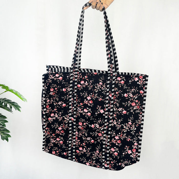 Black & Pink Floral Print Tote Bag – Perfect for Everyday Adventures