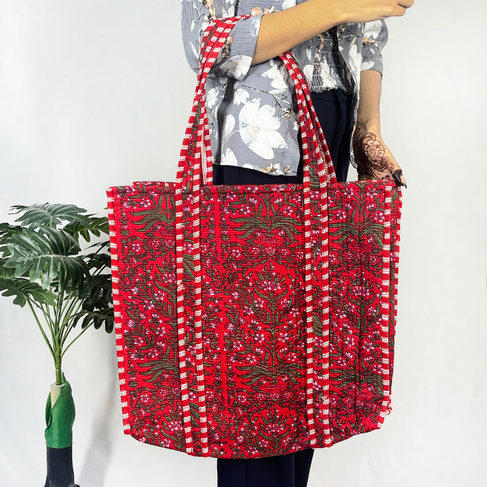 Red Green Floral Print Tote Bag – Eco-Friendly & Versatile for Every Occasion