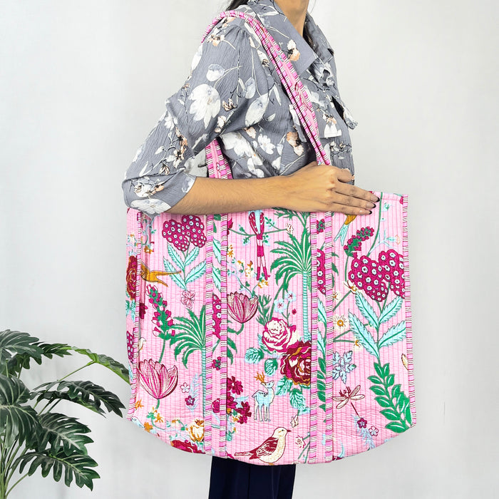 Cotton Tote Bags from Marika Textiles, Quilted Shoulder Bags, Beautiful Handbag, Floral Print, Baby Pink Beach Bags