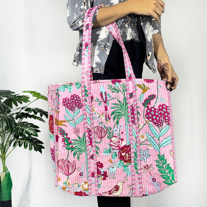 Cotton Tote Bags from Marika Textiles, Quilted Shoulder Bags, Beautiful Handbag, Floral Print, Baby Pink Beach Bags